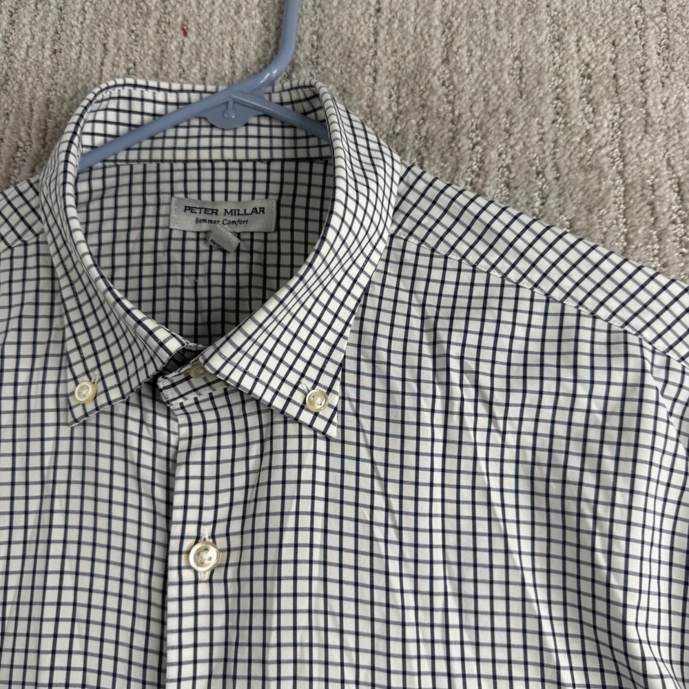 Peter Millar Summer Comfort Mens Large Blue White Plaid Button Down Shirt